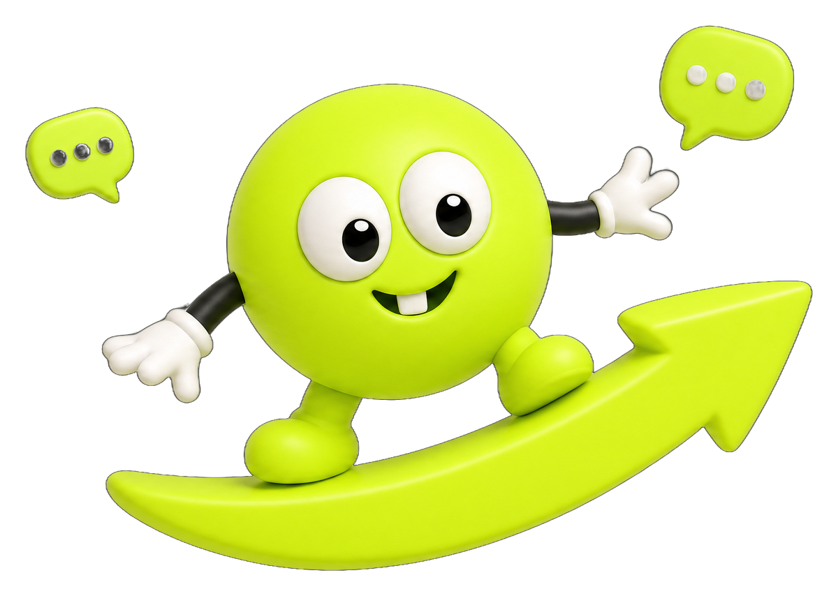ChatHop mascot surfing a lime arrow between chat bubbles