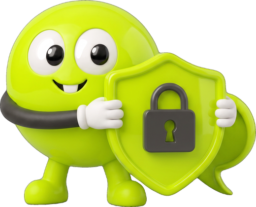ChatHop mascot hugging a lime green shield with a padlock