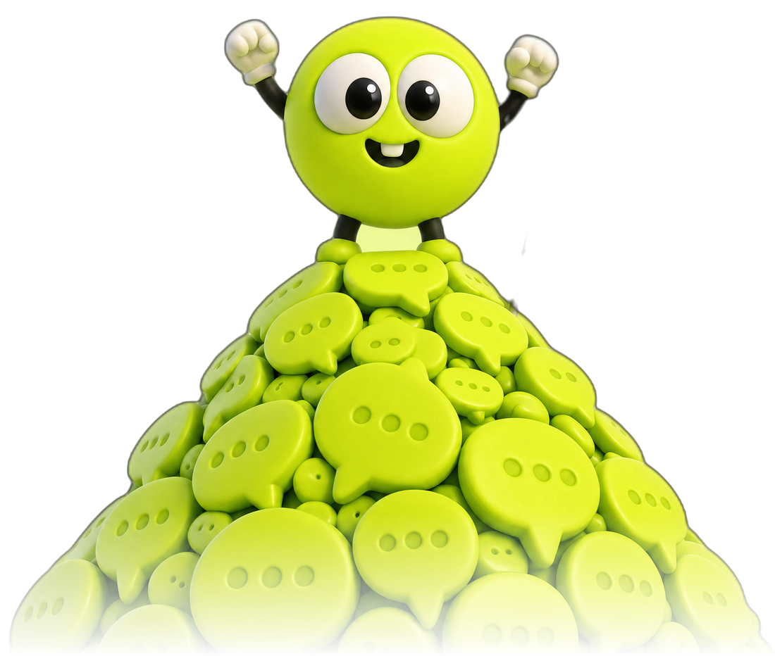 Mascot standing victorious on a summit of chat bubbles